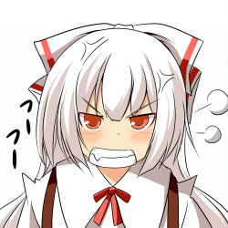 Rule 34 | &gt;:d, 1girl, :d, anger vein, angry, be (o-hoho), blush, bow, clenched teeth, female focus, fujiwara no mokou, fume, hair bow, hair ribbon, long hair, looking at viewer, open mouth, rectangular mouth, ribbon, simple background, smile, teeth, touhou, v-shaped eyebrows, very long hair, white background, white bow