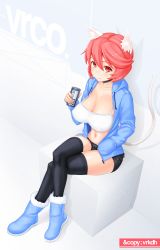 Rule 34 | 1girl, animal ears, bad id, bad pixiv id, blue footwear, blush, boots, borrowed character, breasts, choker, cleavage, covered erect nipples, highres, hnm, large breasts, crossed legs, no bra, original, red eyes, red hair, short hair, shorts, sitting, solo, tail, tank top, thighhighs, vrco