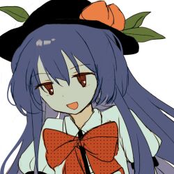 Rule 34 | 1girl, black hat, blue hair, chinese commentary, collared shirt, commentary request, food, fruit, hair between eyes, hat, hinanawi tenshi, long hair, neck ribbon, needless (toyaco), no sclera, open mouth, peach, portrait, puffy short sleeves, puffy sleeves, red eyes, red ribbon, ribbon, shirt, short sleeves, simple background, sketch, smile, solo, touhou, white background, white shirt