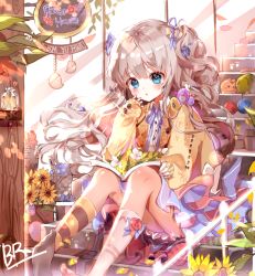 Rule 34 | 1girl, :o, asymmetrical legwear, b rock, bad id, bad pixiv id, blue eyes, blue skirt, blush, book, buttons, cat, commentary, commission, english commentary, english text, flower, glint, hair ribbon, hand up, holding, holding book, leaf, light brown hair, long hair, long sleeves, looking at viewer, mismatched legwear, one side up, open book, original, parted lips, plant, potted plant, purple flower, purple ribbon, purple rose, red flower, red rose, ribbon, rose, sign, sitting, skirt, sleeves past wrists, socks, solo, sunflower, sweater, yarn, yarn ball, yellow flower