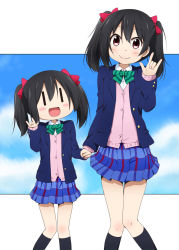 Rule 34 | 10s, 1girl, \m/, black hair, blazer, bow, dual persona, hair bow, holding hands, jacket, looking at viewer, love live!, love live! school idol project, miyako hito, open mouth, red eyes, school uniform, short hair, skirt, smile, twintails, yazawa nico, | |