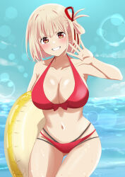Rule 34 | 1girl, bikini, blonde hair, blush, breasts, cleavage, collarbone, cowboy shot, dars (recolors), grin, hair ribbon, hand up, highres, holding, holding swim ring, innertube, large breasts, looking at viewer, lycoris recoil, navel, nishikigi chisato, one side up, open hand, red bikini, red eyes, ribbon, short hair, smile, solo, stomach, swim ring, swimsuit, teeth, water