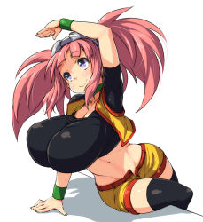 Rule 34 | 00s, 1girl, alternate breast size, arm support, arm up, armband, black thighhighs, blush, breasts, choker, cleavage, climax entertainment, collarbone, dinosaur king, gigantic breasts, goggles, goggles on head, green armband, hip focus, impossible clothes, impossible shirt, jacket, midriff, navel, nekomamire, pink hair, purple eyes, sega, shirt, short shorts, shorts, sitting, smile, solo, tatsuno malm, thighhighs, twintails, unbuttoned, unzipped, white background, wide hips, wristband