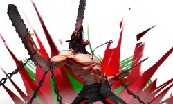Rule 34 | 1boy, ass (zhengzhen), black pants, blood, blood on hands, chain, chainsaw, chainsaw man, denji (chainsaw man), facing up, hybrid, muscular, open mouth, pants, simple background, solo, topless male, white background