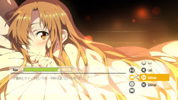 Rule 34 | 10s, 1girl, asuna (sao), bed sheet, blush, brown eyes, brown hair, character name, completely nude, fake screenshot, gameplay mechanics, hair over one eye, health bar, jewelry, long hair, looking at viewer, lying, mizuki makoto, naked sheet, nude, on stomach, ring, smile, solo, sword art online, translated, under covers, wedding band