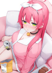 Rule 34 | 1girl, alternate costume, bell, black choker, blush, bow, bow hairband, breasts, can, choker, cleavage, commentary request, couch, green eyes, hair between eyes, hairband, highres, holding, holding can, hololive, large breasts, long hair, long sleeves, looking at viewer, mixed-language commentary, neck bell, nose blush, nyan (reinyan 007), on couch, open mouth, pillow, pink shirt, sakura miko, shirt, sitting, snack, solo, virtual youtuber, white bow, white hairband, yokozuwari