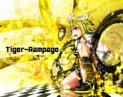 Rule 34 | 1girl, black skirt, blonde hair, blue eyes, boots, checkered clothes, checkered skirt, female focus, gradient background, hair ribbon, kagamine rin, miniskirt, nou (nounknown), pleated skirt, ribbon, short hair, skirt, solo, tiger rampage (vocaloid), vocaloid