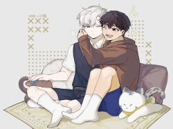 Rule 34 | 2boys, aged down, atan 003, blue shorts, blue sweater, brown cat, brown hair, brown hoodie, carpet, cat, child, closed mouth, collared shirt, dated, grey background, hair between eyes, highres, hood, hoodie, hug, ilay riegrow, jeong taeui, long sleeves, male focus, motion lines, multiple boys, on floor, one eye closed, open mouth, passion (manhwa), pillow, shirt, short sleeves, shorts, smile, snow leopard, socks, sweater, teeth, tongue, white hair, white shirt, white socks, yaoi