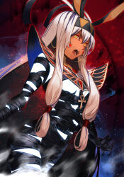 Rule 34 | 1girl, animal ears, ankh, antenna hair, bandages, black bandages, black hair, breasts, colored inner hair, dark-skinned female, dark skin, earrings, facepaint, facial mark, fate/grand order, fate (series), glowing skin, hairband, hoop earrings, hungry clicker, jackal ears, jewelry, long hair, looking at viewer, medium breasts, multicolored hair, necklace, nitocris (fate), nitocris alter (fate), nitocris alter (first ascension) (fate), open mouth, sidelocks, solo, streaked hair, thighs, usekh collar, very long hair, white hair, yellow eyes
