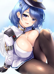 Rule 34 | 1girl, azur lane, black gloves, blue eyes, blue hair, blush, breasts, chapayev (azur lane), gloves, gradient background, hair ornament, hairclip, hat, highres, hinata sora, jacket, knee up, large breasts, leg up, looking at viewer, military hat, mole, mole on breast, pantyhose, peaked cap, short hair, sitting, smile, solo, thighs, white hat, white jacket