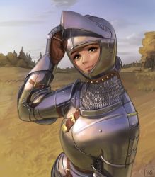 Rule 34 | 1girl, absurdres, armor, breastplate, chainmail, female knight, gauntlets, grasslands, helmet, highres, knight, looking at viewer, medieval, original, plate armor, shoulder armor, signature, smile, solo, tree, visor (armor), visor lift, wass nonnam