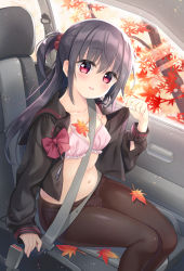 Rule 34 | 1girl, autumn leaves, belly, black hair, black sailor collar, black serafuku, black shirt, blouse, bow, bowtie, bra, breasts, car, car interior, collarbone, commentary request, highres, leaf, long hair, long sleeves, looking at viewer, maple leaf, mole, mole under eye, motor vehicle, navel, no pants, one side up, open clothes, open shirt, original, panties, panties under pantyhose, pantyhose, pink bra, pink eyes, pink panties, sailor collar, school uniform, seatbelt, serafuku, shirt, small breasts, solo, tamakake, underwear