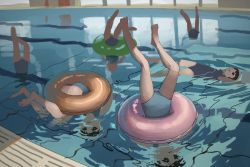 Rule 34 | 6+girls, :t, afloat, bare legs, barefoot, black hair, feet, holding breath, indoor pool, innertube, multiple girls, one-piece swimsuit, original, partially submerged, pool, reflection, ripples, swim ring, swimsuit, tensen (dotted line), underwear, upside-down, water, what