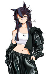 Rule 34 | 1girl, absurdres, akaya shiki, alternate costume, animal ears, artist name, bandaid, bandaid on face, bandaid on nose, bare shoulders, black hair, black jacket, black pants, breasts, closed mouth, collarbone, commentary request, contrapposto, cow, hair between eyes, hand in pocket, highres, horse ears, horse girl, jacket, jacket partially removed, long hair, long sleeves, medium breasts, midriff, mouth hold, narita brian (umamusume), navel, pants, sidelocks, simple background, solo, stalk in mouth, tank top, umamusume, white background, white tank top, yellow eyes