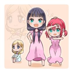 Rule 34 | 3girls, :d, aqua eyes, barefoot, black hair, blonde hair, blue eyes, blue nightgown, blunt bangs, blush, bow, braid, clenched hands, commentary request, hair bow, hand on another&#039;s head, hand on own hip, knees up, kurosawa dia, kurosawa ruby, long hair, love live!, love live! sunshine!!, low twintails, mole, mole under mouth, morimaiko, multiple girls, nightgown, ohara mari, open mouth, pink bow, pink nightgown, red hair, sidelocks, sitting, smile, sparkle, standing, tan background, twin braids, twintails, zoom layer