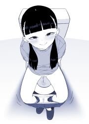 Rule 34 | 1girl, blunt bangs, blush, eyelashes, from above, greyscale, hair over shoulder, highres, looking at viewer, monochrome, original, panties, panty pull, pee, peeing, shirt, shoes, short sleeves, simple background, sitting, smile, solo, spread legs, stained panties, tocky, toilet, toilet use, underwear