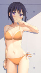 Rule 34 | 1girl, absurdres, apollo (hu maple), bikini, black hair, breasts, cleavage, commentary request, company connection, cowboy shot, highres, looking at viewer, navel, original, purple eyes, shade, short hair, side-tie bikini bottom, small breasts, solo, standing, string bikini, swimsuit, yellow bikini
