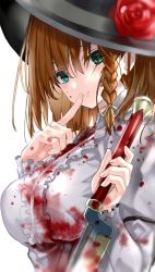 Rule 34 | 1girl, blood, blood on clothes, braid, breasts, brown hair, charlotte corday (fate), charlotte corday (third ascension) (fate), fate/grand order, fate (series), finger to mouth, flower, green eyes, hat, hat flower, knife, large breasts, shino (eefy), smile, solo, white background
