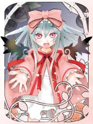 Rule 34 | 1girl, bow, cosplay, flower, food, fruit, hair bow, hinaichigo, hinaichigo (cosplay), kakashichi, leaf, long hair, outstretched arms, outstretched hand, pink bow, pink eyes, reaching, rozen maiden, silver hair, solo, strawberry, suigintou, wings
