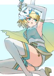 Rule 34 | 1girl, armpits, arms up, bell, blonde hair, blue eyes, breasts, cape, deekei, elbow gloves, fire emblem, fire emblem heroes, fjorm (fire emblem), from below, gloves, gold trim, highres, kunai, mask, mask on head, medium breasts, ninja, nintendo, official alternate costume, oni mask, open mouth, panties, short hair, solo, thighhighs, thighs, underwear, watermark, weapon, white gloves