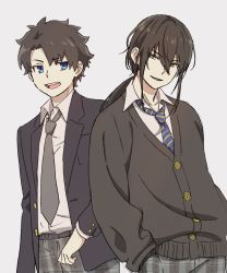 Rule 34 | 2boys, :d, alternate costume, blue eyes, blue jacket, blue neckwear, brown hair, collared shirt, commentary request, fate/grand order, fate (series), fujimaru ritsuka (male), green eyes, grey background, grey neckwear, hands in pockets, highres, jacket, long hair, long sleeves, looking at another, mi (pic52pic), multiple boys, necktie, open mouth, pants, ponytail, shirt, simple background, smile, standing, white shirt, wing collar, yan qing (fate)