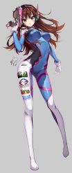 Rule 34 | 1girl, 2017, animal print, arm at side, armor, artist name, blue bodysuit, bodysuit, boots, bracer, breasts, breasts apart, brown eyes, brown hair, charm (object), covered navel, cowboy shot, d.va (overwatch), dated, emblem, facepaint, facial mark, full body, gloves, grey background, gun, hair between eyes, hand up, handgun, headphones, holding, holding gun, holding weapon, legs apart, logo, long hair, looking at viewer, medium breasts, overwatch, overwatch 1, parted lips, pauldrons, pilot suit, pink lips, pinkori, rabbit print, ribbed bodysuit, shoulder armor, shoulder pads, signature, simple background, skin tight, solo, standing, thigh boots, thigh strap, thighhighs, turtleneck, weapon, whisker markings, white footwear, white gloves