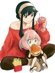 Rule 34 | 2girls, absurdres, anya (spy x family), bare shoulders, black hair, burger, child, closed mouth, cup, disposable cup, earrings, eating, food, french fries, green eyes, hair bun, hairband, hairpods, highres, jewelry, meke (77842928), mother and daughter, multiple girls, off-shoulder sweater, off shoulder, open mouth, pink hair, red eyes, sidelocks, simple background, single hair bun, sitting, smile, soda, spy x family, sweater, white background, yor briar