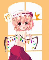 Rule 34 | 1girl, blonde hair, blush, breasts, bust measuring, female focus, flandre scarlet, hat, measuring, mob cap, no bra, open mouth, red eyes, ribbon, shiraki ai, solo, tape measure, topless, touhou, wings