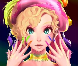 Rule 34 | 1girl, blonde hair, blue eyes, choker, closed mouth, final fantasy, final fantasy vi, hat, jewelry, lips, long hair, looking at viewer, paint, relm arrowny, simple background, solo, ura dora