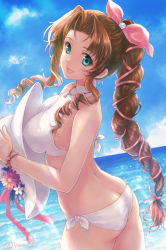 Rule 34 | 1girl, aerith gainsborough, ass, beach, bikini, black l, blue sky, bow, brown hair, butt crack, cloud, commentary request, commission, costa del sol, cowboy shot, day, final fantasy, final fantasy vii, green eyes, hair ribbon, hat, highres, holding, holding clothes, holding hat, long hair, looking at viewer, outdoors, pink bow, ponytail, ribbon, side-tie bikini bottom, skeb commission, sky, solo, sun hat, swimsuit, unworn hat, unworn headwear, white bikini, white hat, yano takumi