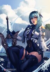 Rule 34 | 1girl, absurdres, aqua hair, bodysuit, breasts, claymore (sword), cliff, cloud, day, eula (genshin impact), genshin impact, green eyes, hair ornament, hairband, highres, holding, holding sword, holding weapon, lace-trimmed hairband, lace trim, lips, medium breasts, medium hair, parted lips, sitting, snowflakes, solo, squigglesfc, sword, teeth, thick thighs, thighhighs, thighs, watermark, weapon
