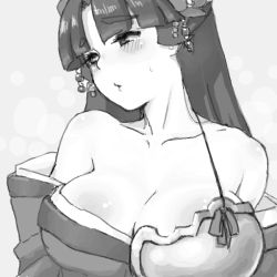 Rule 34 | 1girl, aouma, bad id, bad pixiv id, blush, breasts, cleavage, criminal girls, earrings, face, greyscale, jewelry, large breasts, long hair, monochrome, solo, tomoe (criminal girls)