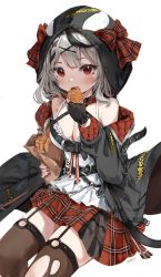 Rule 34 | 1girl, absurdres, bag, black gloves, black hair, black jacket, blouse, blush, bow, breasts, brown thighhighs, cleavage, commentary, eating, fingerless gloves, food, food in mouth, garter straps, gloves, hair ornament, highres, holding, holding bag, holding food, hololive, holox, hood, hood up, jacket, long sleeves, looking at viewer, medium breasts, miniskirt, multicolored hair, nail polish, off shoulder, open clothes, open jacket, orobou, plaid, plaid bow, plaid skirt, red bow, red eyes, red nails, red skirt, sakamata chloe, sakamata chloe (1st costume), shirt, signature, silver hair, simple background, sitting, skirt, solo, streaked hair, taiyaki, thighhighs, torn clothes, virtual youtuber, wagashi, white background, white shirt, x hair ornament