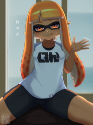 Rule 34 | 1girl, absurdres, arm behind back, bike shorts, black shorts, breasts, collarbone, dark-skinned female, dark skin, female focus, highres, inkling, inkling girl, inkling player character, licking lips, long hair, looking at viewer, matching hair/eyes, motion lines, nintendo, orange eyes, orange hair, pointy ears, qr code, shirt, shorts, single vertical stripe, sitting, small breasts, solo, splatoon (series), spread legs, suction cups, t-shirt, tentacle hair, tongue, tongue out, waving, white shirt, yonao