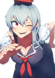 Rule 34 | 1girl, ;d, absurdres, bent over, blue dress, blue headwear, blurry, breasts, cleavage, depth of field, dress, grey hair, highres, index finger raised, kamishirasawa keine, large breasts, long hair, looking at viewer, neckerchief, one eye closed, open mouth, red eyes, red neckerchief, short sleeves, simple background, smile, solo, sotatsudraw, touhou, white background
