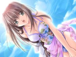 Rule 34 | 1girl, breasts, brown hair, cleavage, cloud, day, dutch angle, from below, game cg, green eyes, hand on thigh, large breasts, leaning forward, lens flare, long hair, non-web source, one-piece swimsuit, open mouth, sarong, sky, solo, source request, swimsuit, twin way, yamamoto kazue