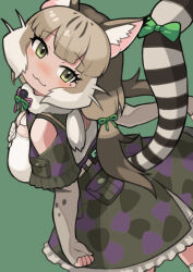 Rule 34 | 1girl, absurdres, animal ear fluff, animal ears, bare shoulders, belt, cat ears, cat girl, cat tail, extra ears, fingerless gloves, gloves, green eyes, grey hair, highres, jungle cat (kemono friends), kemono friends, kemono friends v project, long hair, looking at viewer, microphone, multicolored hair, ribbon, rinx, scarf, shirt, simple background, skirt, solo, tail, twintails, virtual youtuber