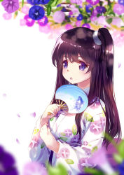 Rule 34 | 1girl, 54hao, :o, blue flower, blurry, blurry background, depth of field, floral print, flower, hair between eyes, hand fan, hands up, highres, holding, holding fan, japanese clothes, kimono, long hair, long sleeves, looking away, nail polish, obi, one side up, original, paper fan, parted lips, petals, pink flower, pink nails, print kimono, purple eyes, purple flower, purple hair, sash, solo, uchiwa, very long hair, white background, white kimono, wide sleeves, yukata
