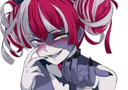 Rule 34 | 1girl, absurdres, black nails, blush, double bun, fingernails, hair bun, half-closed eyes, heterochromia, highres, hololive, hololive indonesia, kureiji ollie, makeitezz21, mismatched pupils, multicolored hair, nail polish, open mouth, patchwork skin, portrait, red eyes, red hair, sharp fingernails, smile, solo, stitched face, stitched torso, stitches, symbol-shaped pupils, teeth, torn clothes, two-tone hair, upper teeth only, virtual youtuber, x-shaped pupils, yellow eyes, zombie