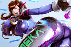 Rule 34 | 1girl, aiming, ass, bent over, blue background, bodysuit, breasts, brown eyes, brown hair, charm (object), clothes writing, covered erect nipples, d.va (overwatch), facepaint, from above, from behind, gun, headgear, holding, holding gun, holding weapon, large breasts, long hair, looking back, mr h.l., one eye closed, outstretched arm, overwatch, overwatch 1, pink lips, simple background, skin tight, solo, standing, weapon