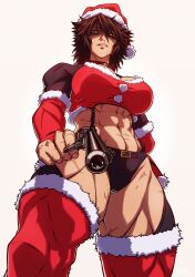 Rule 34 | 1girl, 4ces, abs, bell, belt, breasts, brown hair, choker, gun, handgun, highres, large breasts, looking at viewer, looking down, midriff, multiple scars, muscular, muscular female, neck bell, original, revolver, santa costume, scar, scar on face, signature, solo, spiked hair, thick thighs, thighhighs, thighs, weapon, white background, yellow eyes
