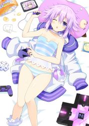 Rule 34 | 1girl, bare shoulders, blush, breasts, chips (food), d-pad, d-pad hair ornament, food, game console, hair ornament, handheld game console, highres, jacket, looking at viewer, lying, nepgyaa, neptune (neptunia), neptune (series), on back, on bed, one eye closed, open mouth, panties, potato chips, pudding, purple eyes, purple hair, short hair, small breasts, solo, spoon, strapless, striped clothes, striped panties, thighhighs, tube top, underwear, unworn jacket, zero (ray 0805)