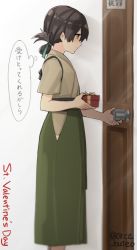 Rule 34 | 1girl, brown eyes, door, feet out of frame, folded ponytail, from side, gift, green hakama, green kimono, green ribbon, hair ribbon, hakama, hakama skirt, japanese clothes, kantai collection, kasuga maru (kancolle), kimono, long hair, ribbon, skirt, solo, standing, taiyou (kancolle), translation request, twitter username, valentine, yamashichi (mtseven)