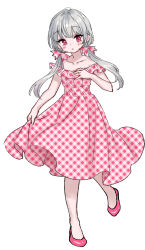 Rule 34 | 1girl, :o, alternate costume, alternate hairstyle, ama-tou, bare arms, blush, bow, collarbone, dot nose, dress, frilled dress, frills, full body, grey hair, hair bow, hand on own chest, hand up, highres, leg up, looking at viewer, low twintails, medium dress, no socks, off-shoulder dress, off shoulder, official art, parted lips, pink bow, pink dress, pink footwear, plaid, plaid bow, plaid dress, red eyes, shoes, simple background, skirt hold, solo, sophie twilight, standing, tonari no kyuuketsuki-san, twintails, unmoving pattern, white background