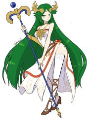 Rule 34 | 1girl, breasts, chain, diadem, forehead jewel, frisk kunn, full body, gold chain, green eyes, green hair, high heels, kid icarus, kid icarus uprising, long hair, looking at viewer, medium breasts, nintendo, palutena, simple background, single thighhigh, solo, staff, standing, thighhighs, twitter username, very long hair, white background