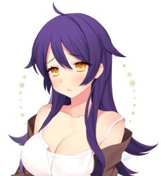 Rule 34 | 1girl, ahoge, bare shoulders, blush, breasts, brown jacket, byulzzi, cleavage, closed mouth, collarbone, embarrassed, hair between eyes, jacket, large breasts, long hair, looking at viewer, off shoulder, purple hair, shirt, solo, white background, white shirt, yellow eyes