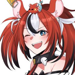 Rule 34 | 1girl, animal ears, bare shoulders, black hair, blue eyes, collar, collarbone, commentary, hakos baelz, hakos baelz (1st costume), highres, hololive, hololive english, looking at viewer, mittsu, multicolored hair, one eye closed, open mouth, red hair, solo, spiked collar, spikes, teeth, twintails, upper teeth only, virtual youtuber, white hair