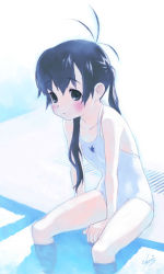 Rule 34 | 1girl, bare shoulders, black eyes, black hair, blush, casual one-piece swimsuit, long hair, one-piece swimsuit, original, pool, poolside, sitting, soaking feet, solo, swimsuit, tanaka kunihiko, twintails, water, white one-piece swimsuit