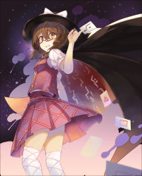 Rule 34 | 1girl, absurdres, between fingers, black cape, black hat, bow, breasts, brown hair, cape, card, card between fingers, commentary request, falken (yutozin), fedora, feet out of frame, from below, hair between eyes, hat, hat bow, high collar, highres, holding, holding card, looking at viewer, low twintails, open mouth, pleated skirt, puffy short sleeves, puffy sleeves, purple skirt, purple vest, red-framed eyewear, revision, semi-rimless eyewear, shirt, short hair, short sleeves, skirt, small breasts, smile, solo, standing, star (sky), thighhighs, thighs, touhou, twintails, under-rim eyewear, usami sumireko, vest, white bow, white shirt, white thighhighs, yellow eyes, zener card