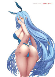 Rule 34 | 1girl, animal ears, ass, azura (fire emblem), back, bare shoulders, blue hair, blue leotard, blush, breasts, closed mouth, dakkalot, fake animal ears, fire emblem, fire emblem fates, hair between eyes, highleg, highleg leotard, large breasts, leotard, long hair, looking at viewer, looking back, nintendo, playboy bunny, rabbit ears, rabbit tail, sideboob, simple background, smile, solo, tail, thighs, very long hair, white background, yellow eyes